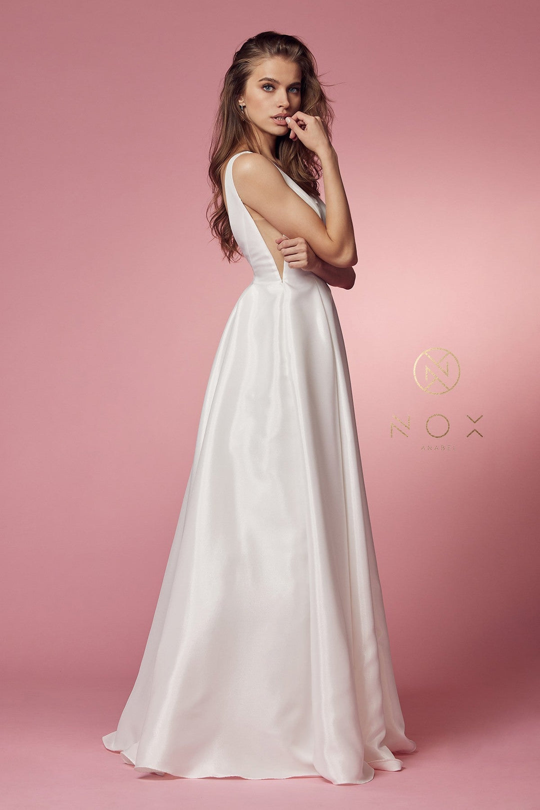 White Long V-Neck Taffeta Dress by Nox Anabel E156W