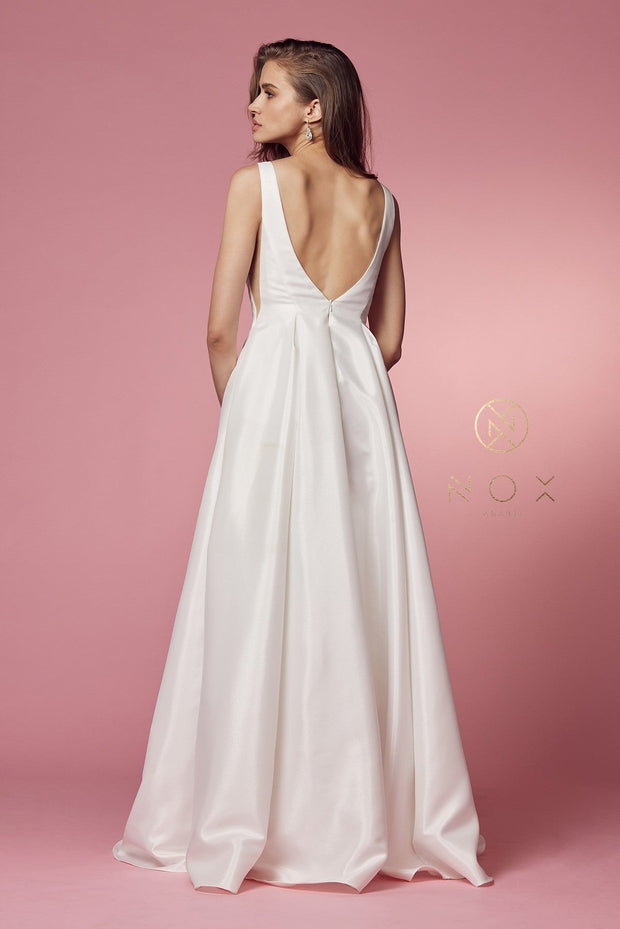 White Long V-Neck Taffeta Dress by Nox Anabel E156W