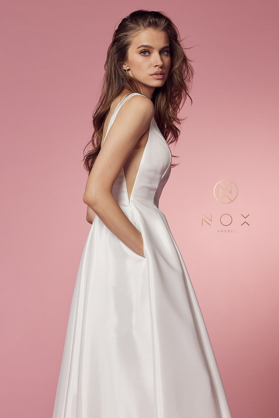 White Long V-Neck Taffeta Dress by Nox Anabel E156W