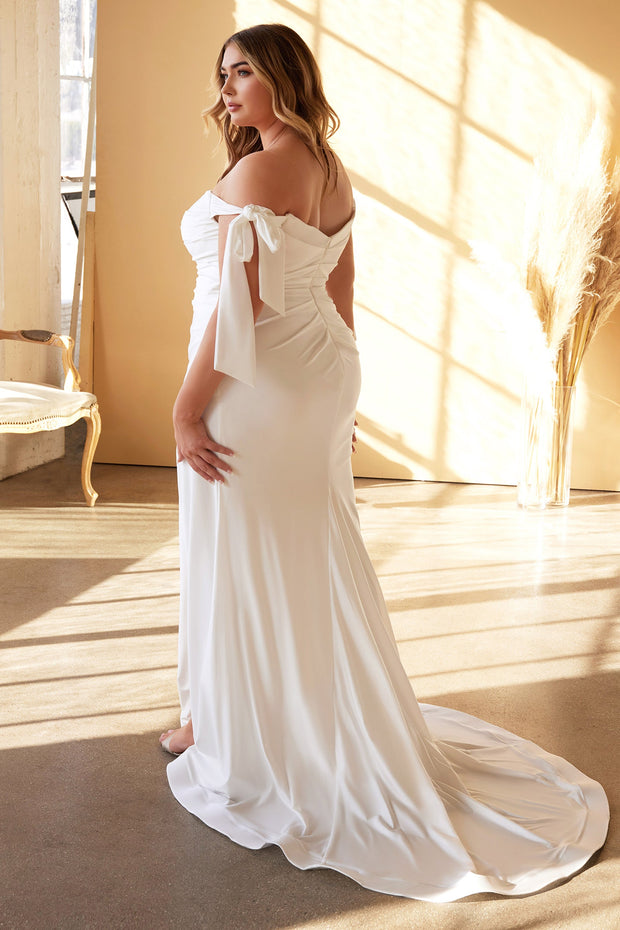 White Off Shoulder Gown by Cinderella Divine CD944W