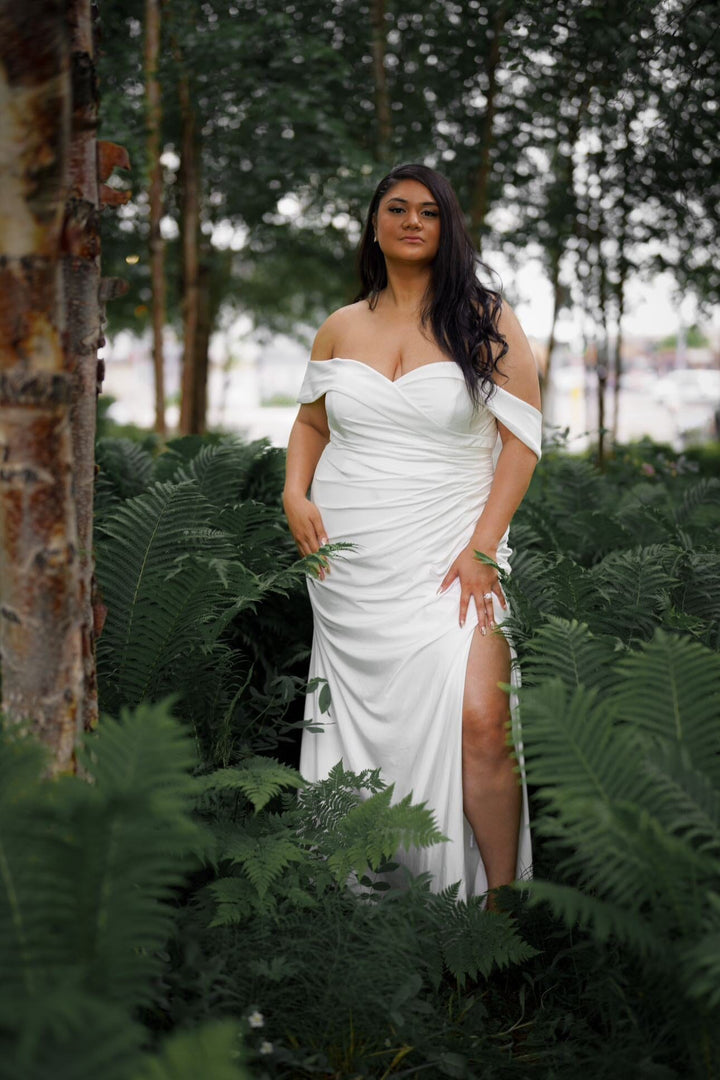 White Off Shoulder Jersey Gown by Cinderella Divine CD930