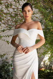 White Off Shoulder Jersey Gown by Cinderella Divine CD930 - Outlet