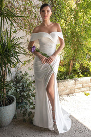 White Off Shoulder Jersey Gown by Cinderella Divine CD930 - Outlet
