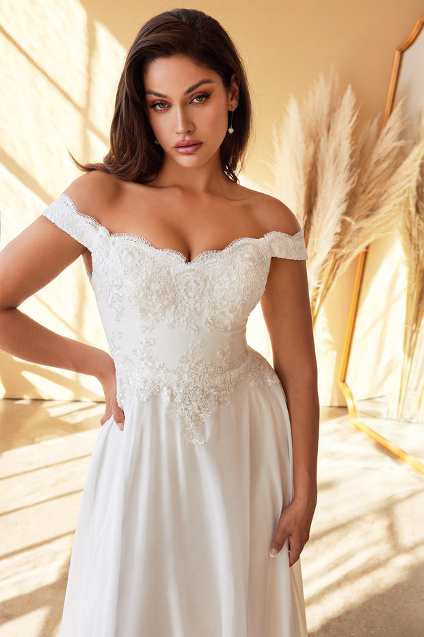 White Off Shoulder Lace Bodice Gown by Cinderella Divine 7258W
