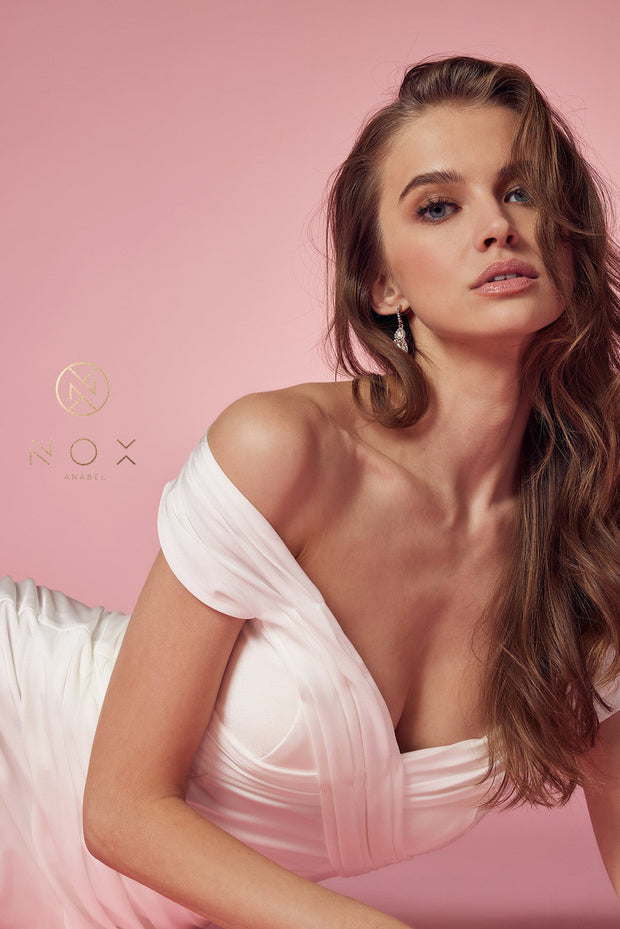 White Off Shoulder Mermaid Gown by Nox Anabel E497W