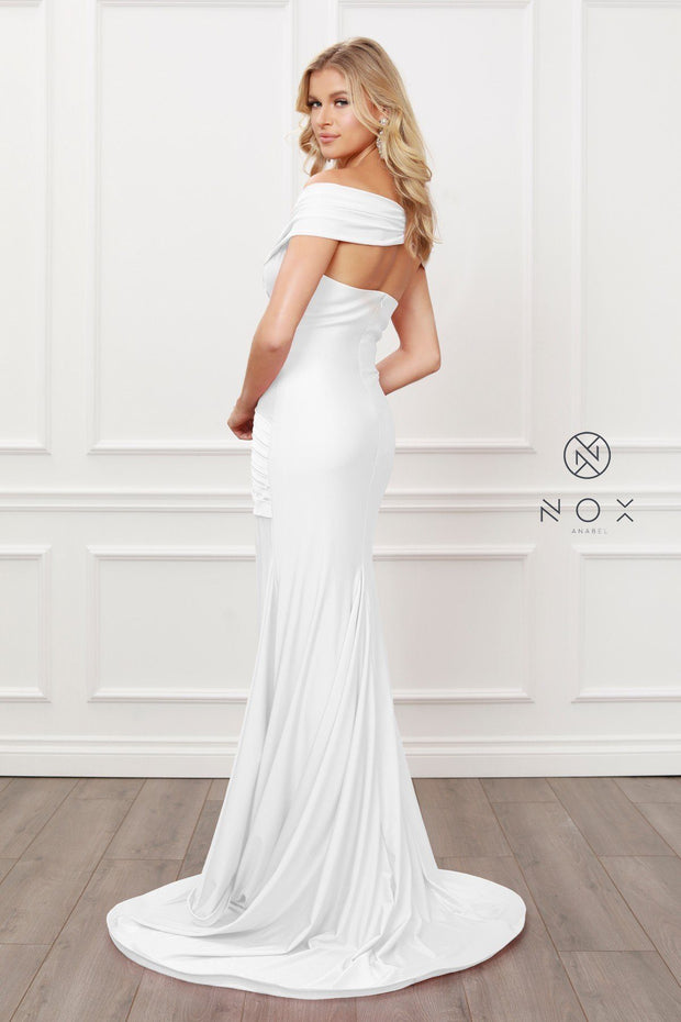 White Off Shoulder Mermaid Gown by Nox Anabel E497W