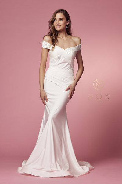White Off Shoulder Mermaid Gown by Nox Anabel E497W