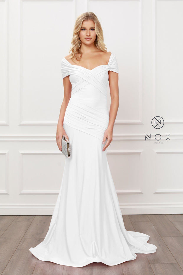 White Off Shoulder Mermaid Gown by Nox Anabel E497W