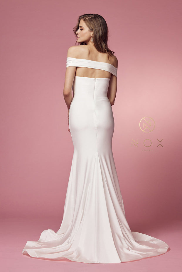White Off Shoulder Mermaid Gown by Nox Anabel E497W
