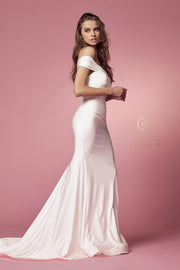 White Off Shoulder Mermaid Gown by Nox Anabel E497W