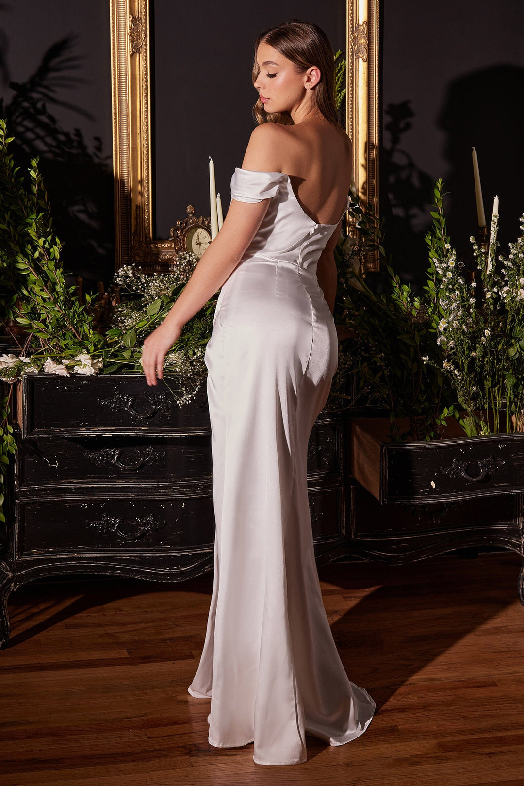 White Off Shoulder Satin Corset Slit Gown by Ladivine 7492W – ABC Fashion