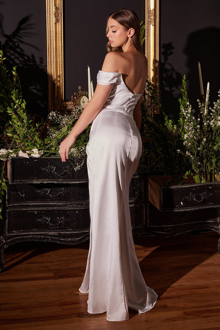 White Off Shoulder Satin Corset Slit Gown by Ladivine 7492W