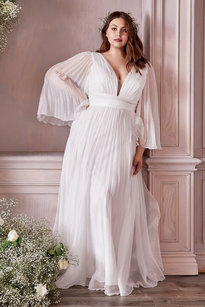 White Pleated Bell Sleeve Gown by Cinderella Divine CD242W