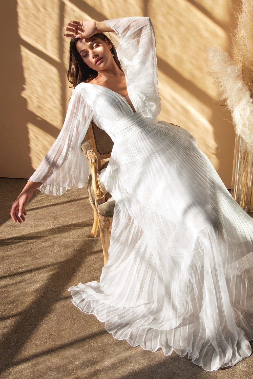 White Pleated Bell Sleeve Gown by Cinderella Divine CD242W White Pleated Bell Sleeve Gown by Cinderella Divine CD242W