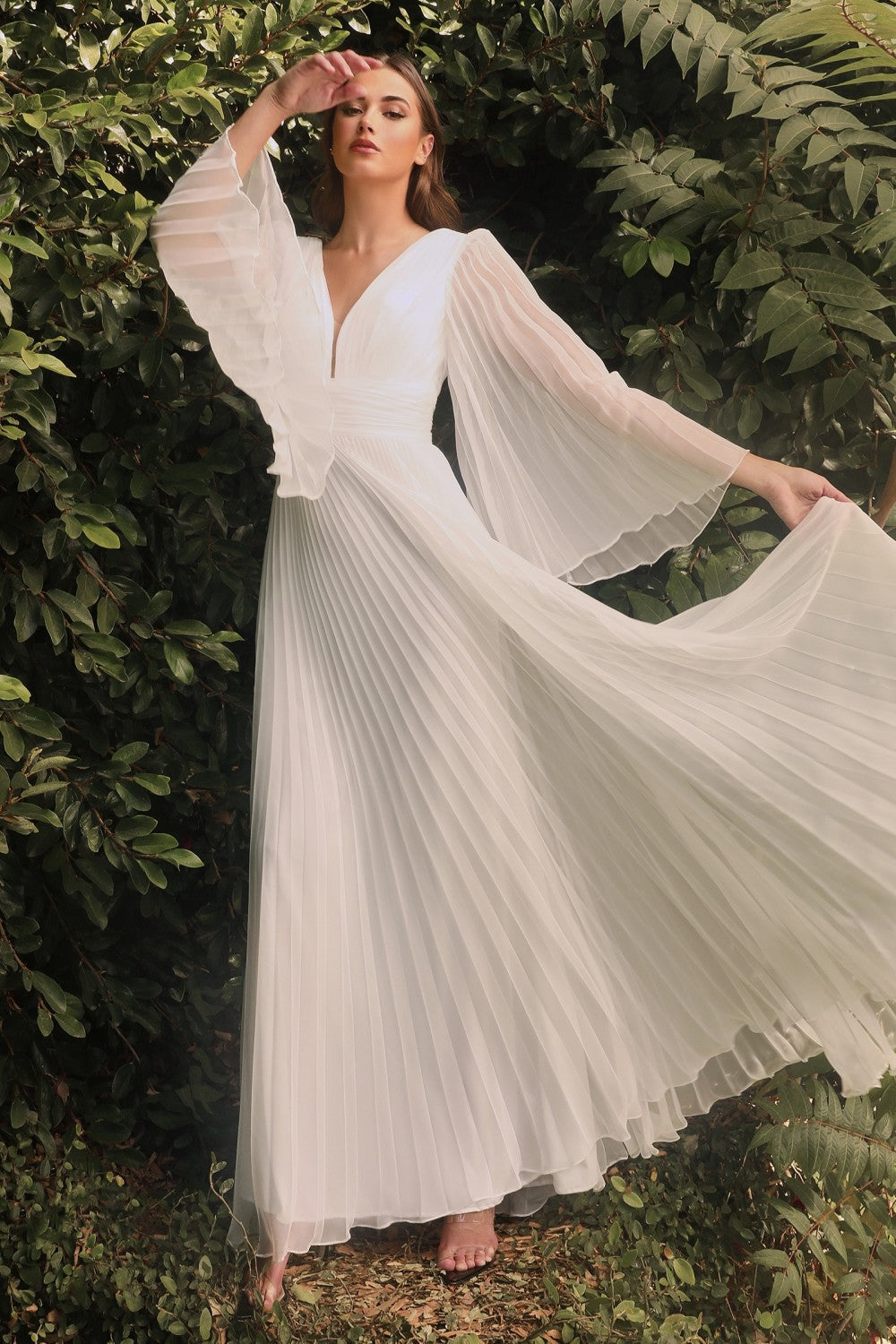 White Pleated Bell Sleeve Gown by Cinderella Divine CD242W White Pleated Bell Sleeve Gown by Cinderella Divine CD242W