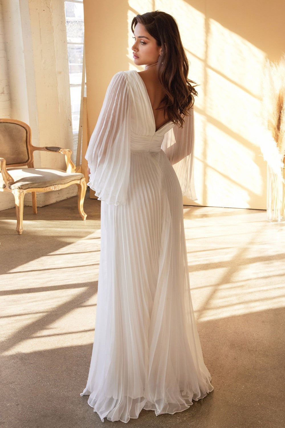 White Pleated Bell Sleeve Gown by Cinderella Divine CD242W ABC Fashion White Pleated Bell Sleeve Gown by Cinderella Divine CD242W ABC Fashion
