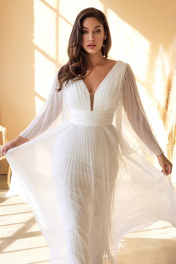 White Pleated Bell Sleeve Gown by Cinderella Divine CD242W