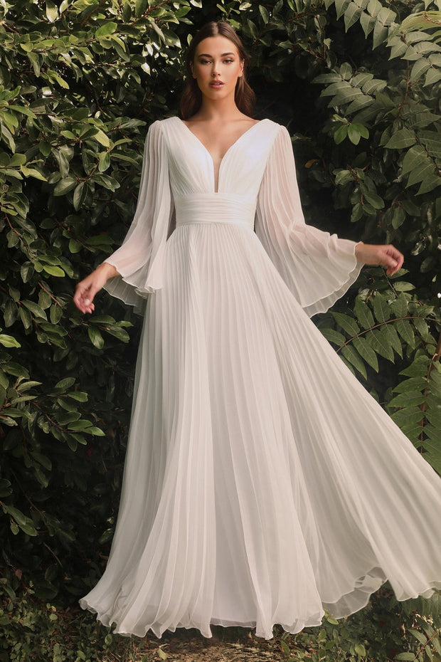 White Pleated Bell Sleeve Gown by Cinderella Divine CD242W - Outlet
