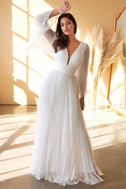 White Pleated Bell Sleeve Gown by Cinderella Divine CD242W - Outlet