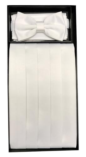 White Poly Satin Cummerbund, Bow Tie, and Hanky Set-Men's Cummerbund-ABC Fashion