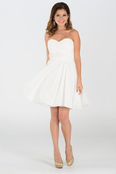 White Ruched Short Strapless Sweetheart Dress by Poly USA-Short Cocktail Dresses-ABC Fashion