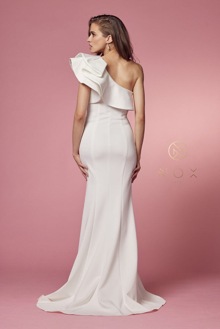 White Ruffled One Shoulder Gown by Nox Anabel E467W