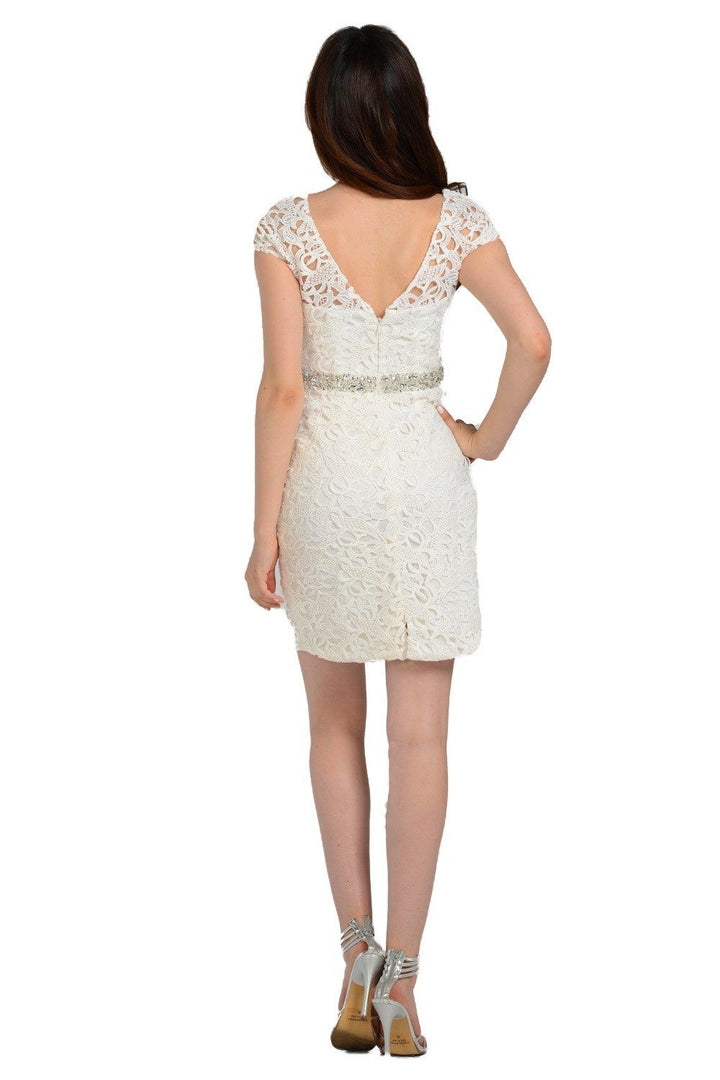 White Short Cap Sleeve Lace Dress with Beaded Waist by Poly USA-Short Cocktail Dresses-ABC Fashion