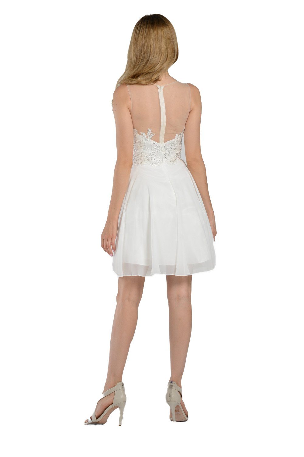 White Short Chiffon Dress with Lace Applique Bodice by Poly USA-Short Cocktail Dresses-ABC Fashion