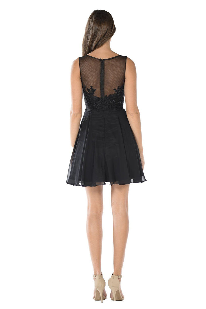 White Short Chiffon Dress with Lace Applique Bodice by Poly USA-Short Cocktail Dresses-ABC Fashion