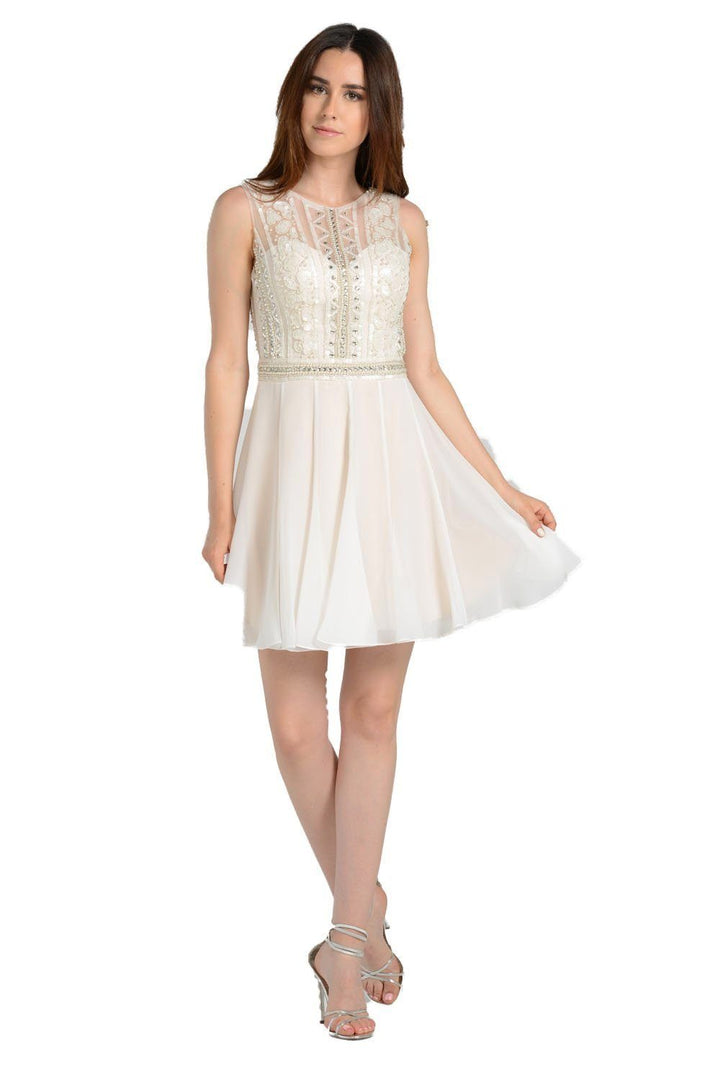 White Short Dress with Illusion Beaded Top by Poly USA-Short Cocktail Dresses-ABC Fashion