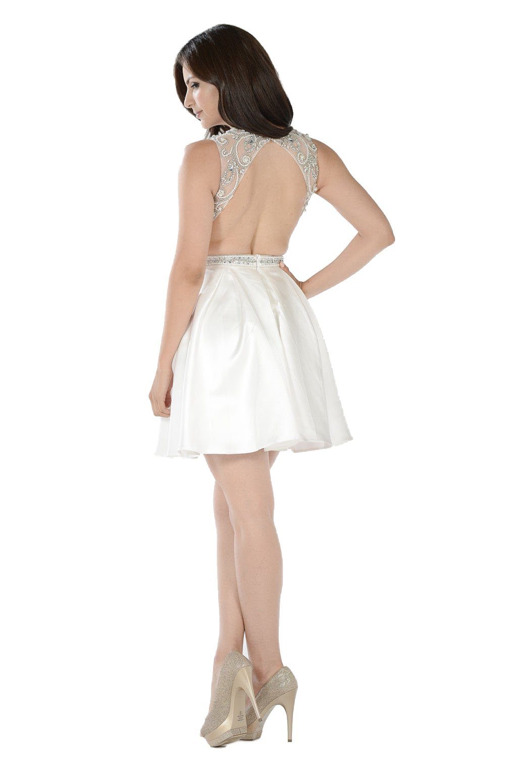 White Short Satin Dress with Beaded Bodice by Poly USA-Short Cocktail Dresses-ABC Fashion