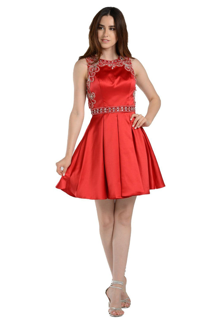 White Short Satin Dress with Beaded Bodice by Poly USA-Short Cocktail Dresses-ABC Fashion