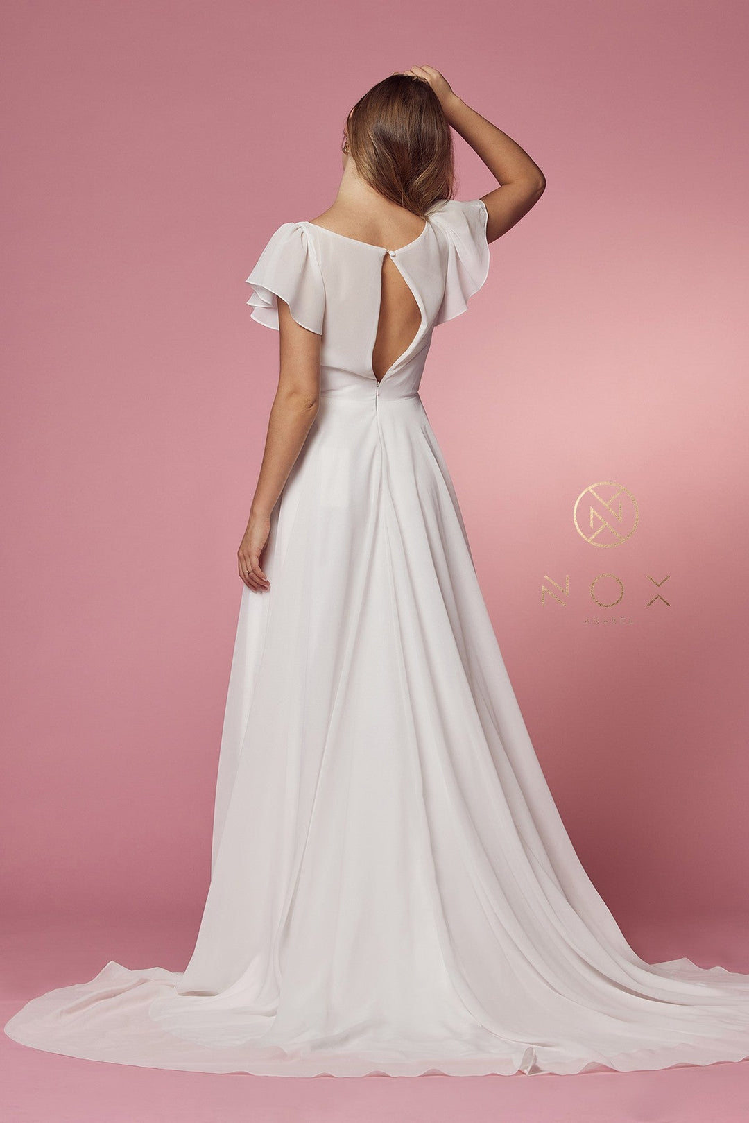 White Short Sleeve A-line Slit Gown by Nox Anabel R471