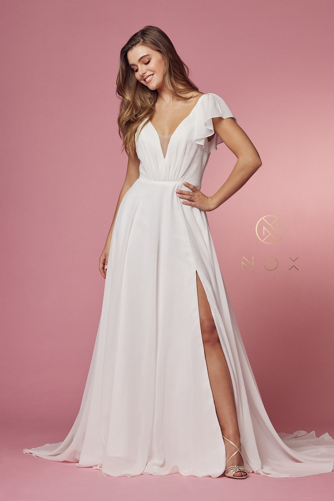 White Short Sleeve A-line Slit Gown by Nox Anabel R471