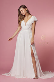 White Short Sleeve A-line Slit Gown by Nox Anabel R471