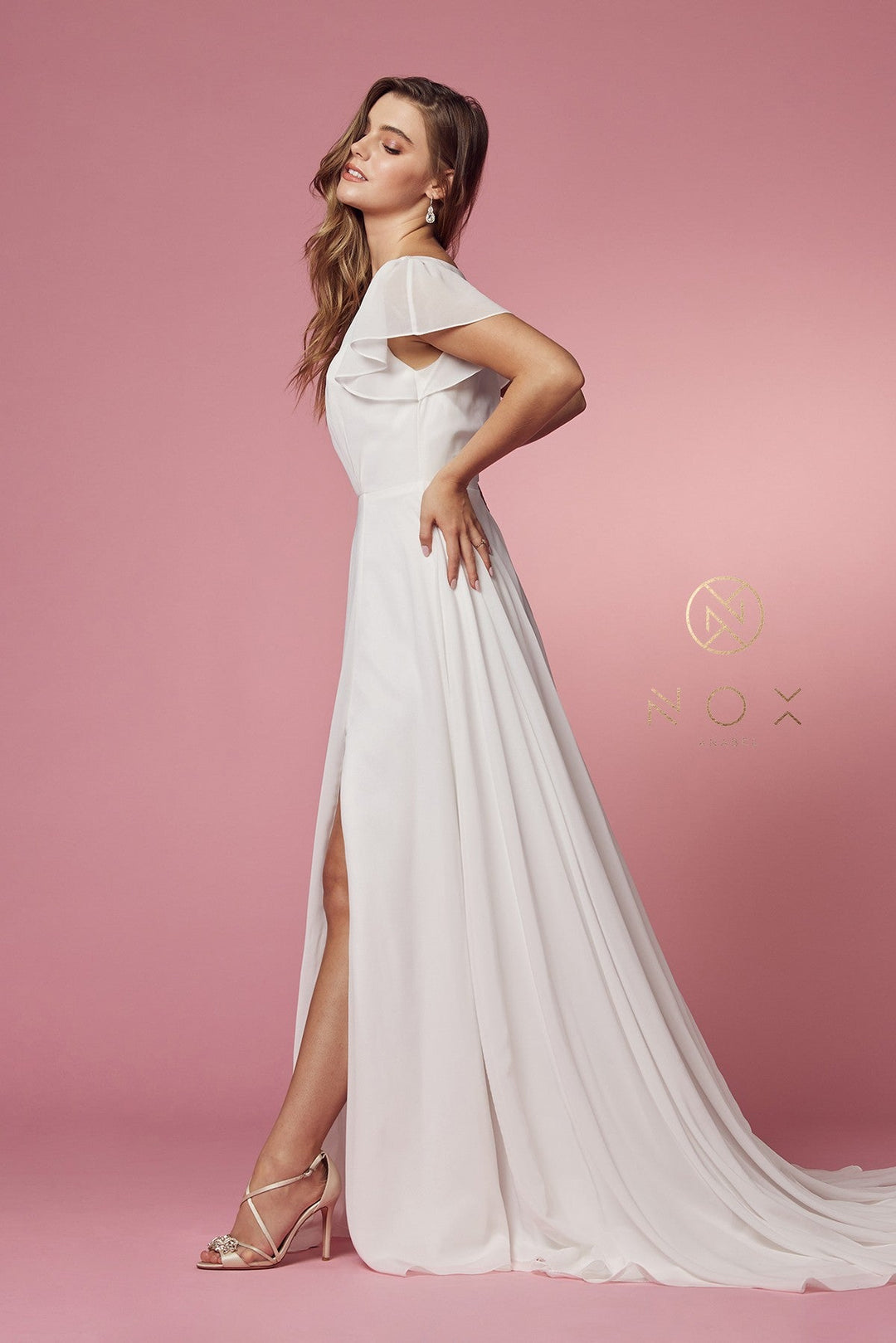 White Short Sleeve A-line Slit Gown by Nox Anabel R471