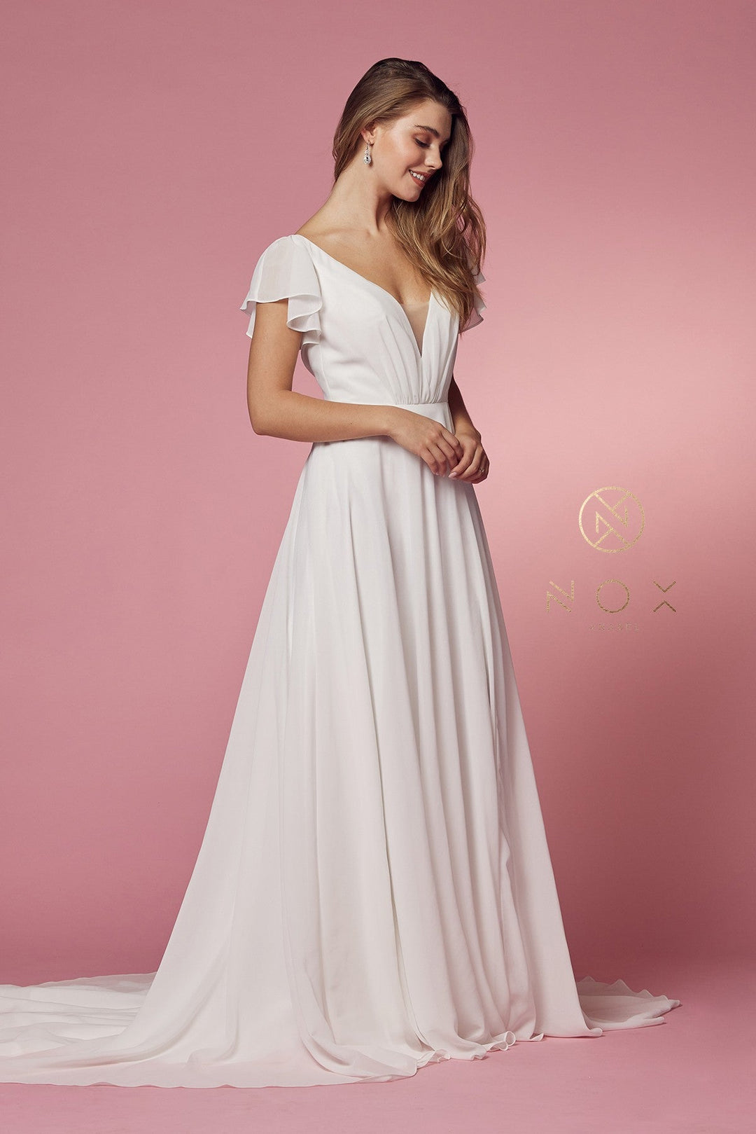 White Short Sleeve A-line Slit Gown by Nox Anabel R471