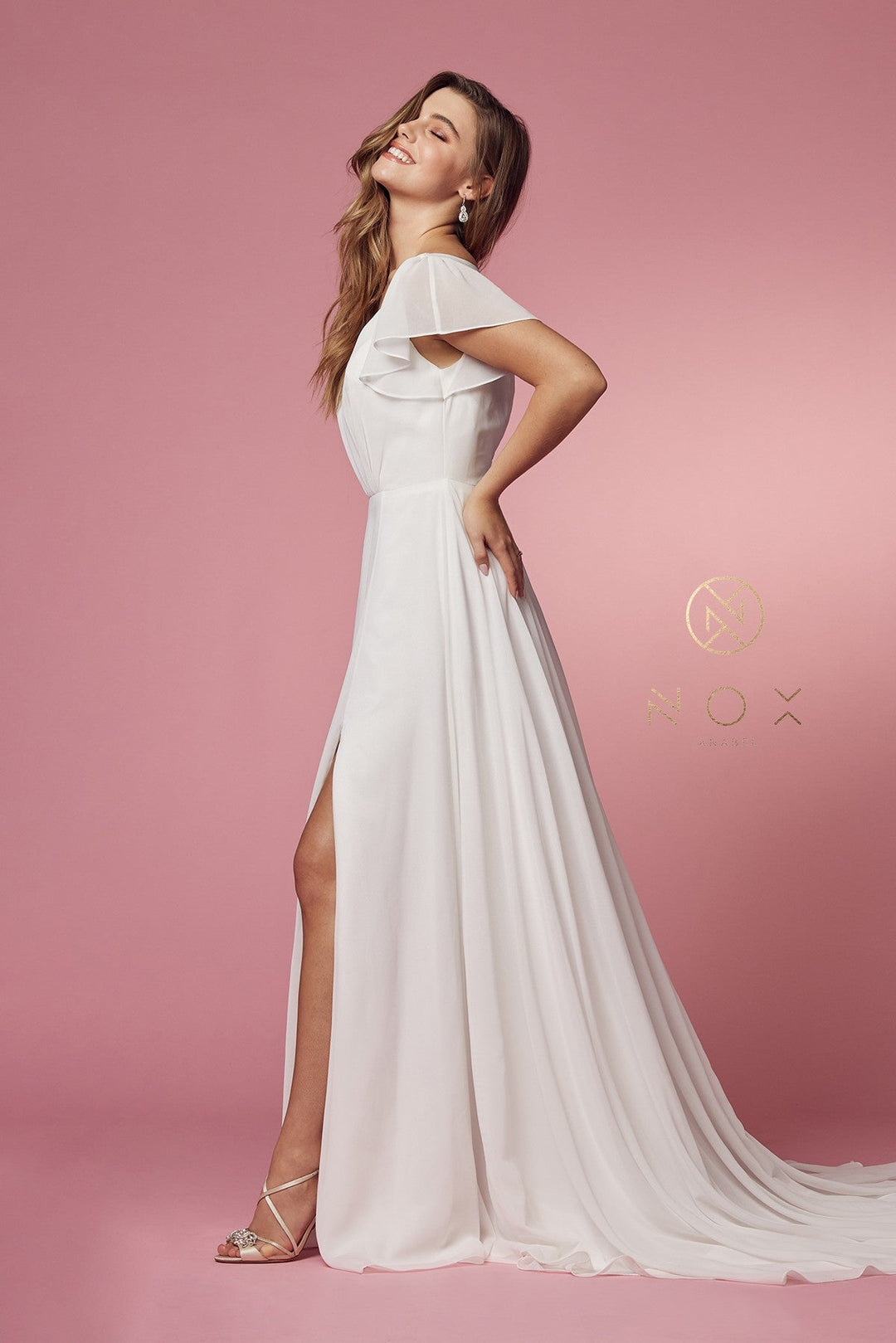 White Short Sleeve A-line Slit Gown by Nox Anabel R471