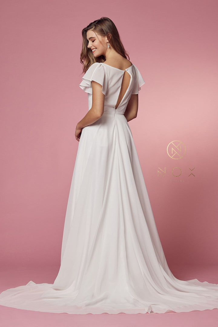 White Short Sleeve A-line Slit Gown by Nox Anabel R471