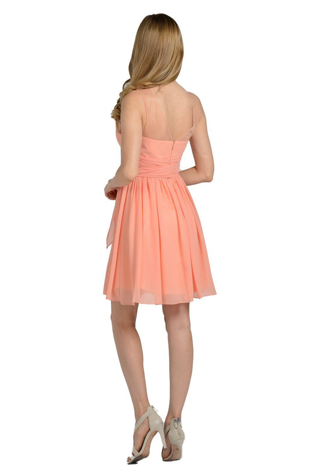 White Short Sleeveless Illusion Dress with Bow by Poly USA-Short Cocktail Dresses-ABC Fashion
