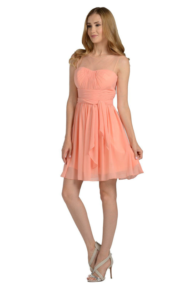 White Short Sleeveless Illusion Dress with Bow by Poly USA-Short Cocktail Dresses-ABC Fashion
