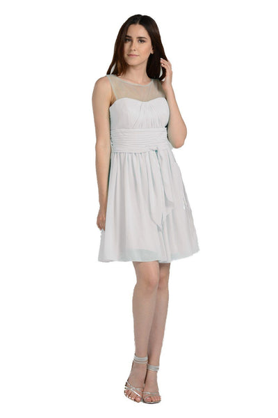 White Short Sleeveless Illusion Dress with Bow by Poly USA-Short Cocktail Dresses-ABC Fashion