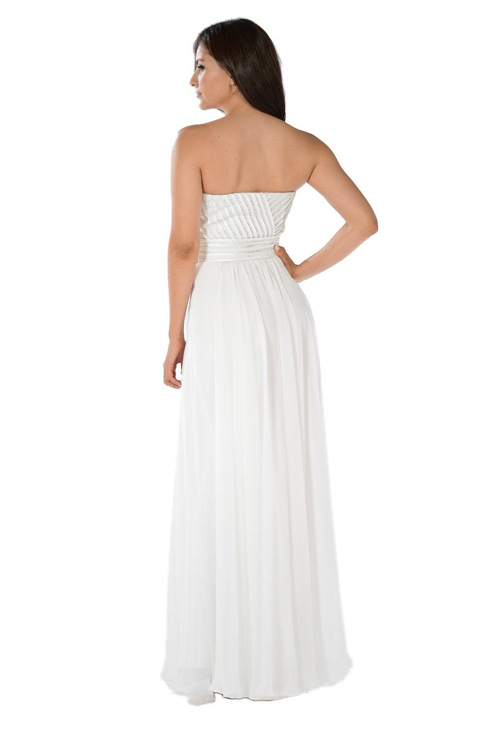 White Strapless Sweetheart Gown with Sequined Top by Poly USA-Long Formal Dresses-ABC Fashion