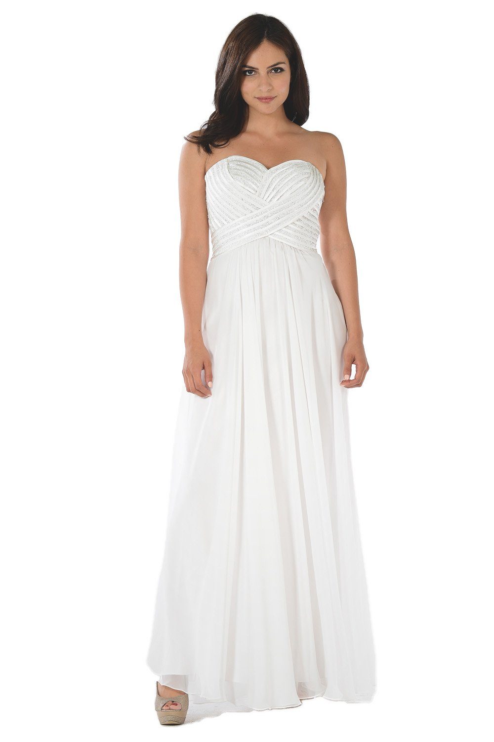 White Strapless Sweetheart Gown with Sequined Top by Poly USA-Long Formal Dresses-ABC Fashion