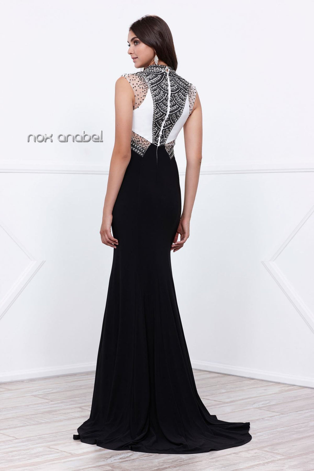 White/Black Sleeveless Beaded Illusion Dress by Nox Anabel 8364-Long Formal Dresses-ABC Fashion