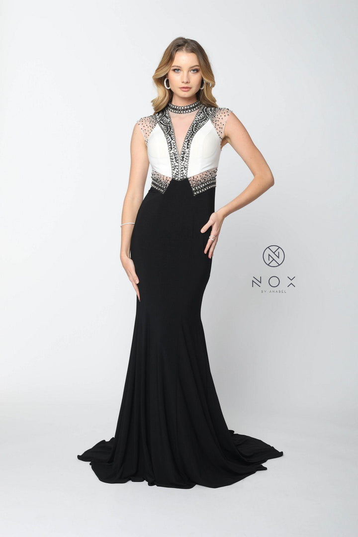 White/Black Sleeveless Beaded Illusion Dress by Nox Anabel 8364