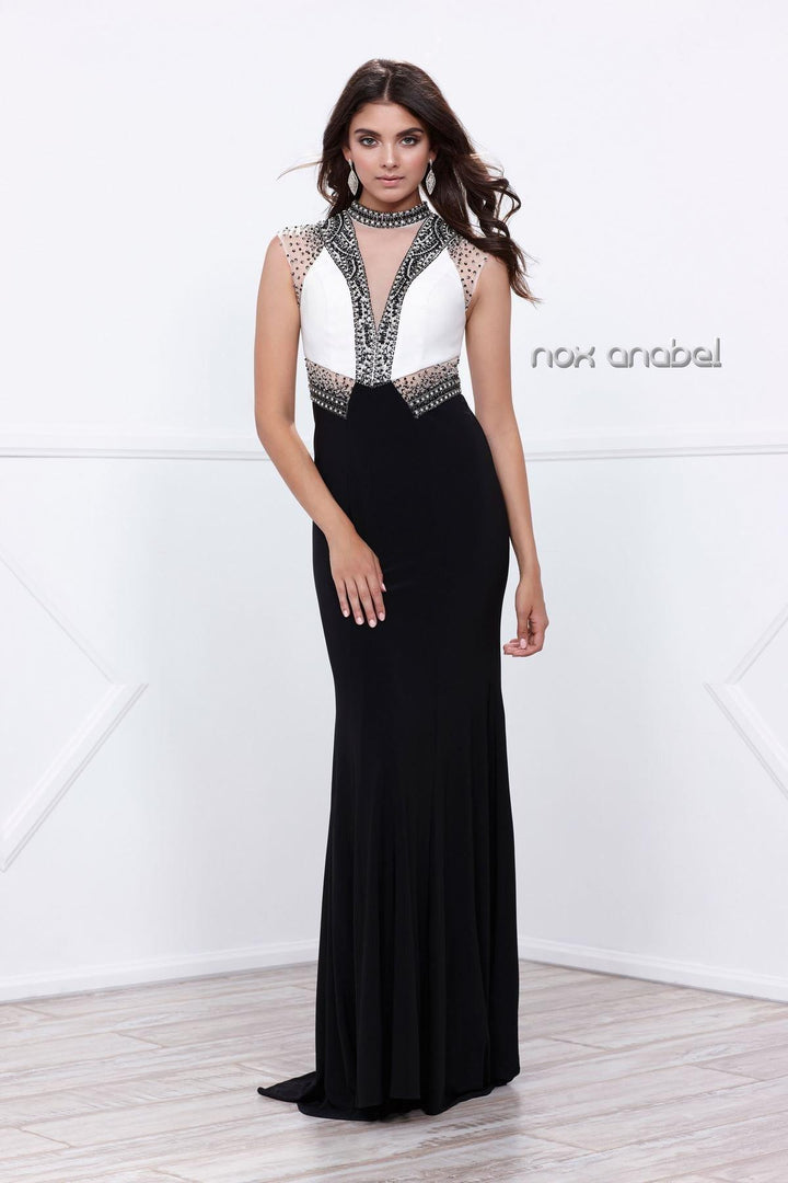 White/Black Sleeveless Beaded Illusion Dress by Nox Anabel 8364-Long Formal Dresses-ABC Fashion