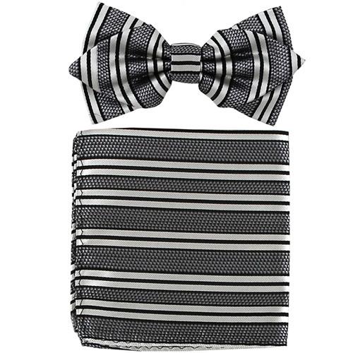 White/Black Striped Bow Tie with Pocket Square (Pointed Tip)-Men's Bow Ties-ABC Fashion
