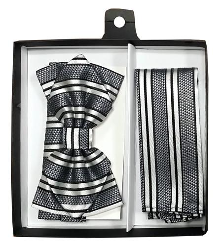 White/Black Striped Bow Tie with Pocket Square (Pointed Tip)-Men's Bow Ties-ABC Fashion