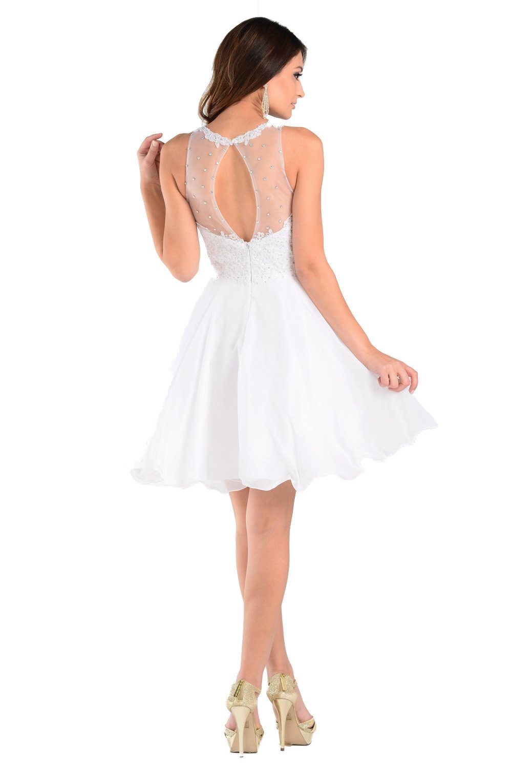 Yellow Short Chiffon Dress with Lace Applique Top by Poly USA-Short Cocktail Dresses-ABC Fashion